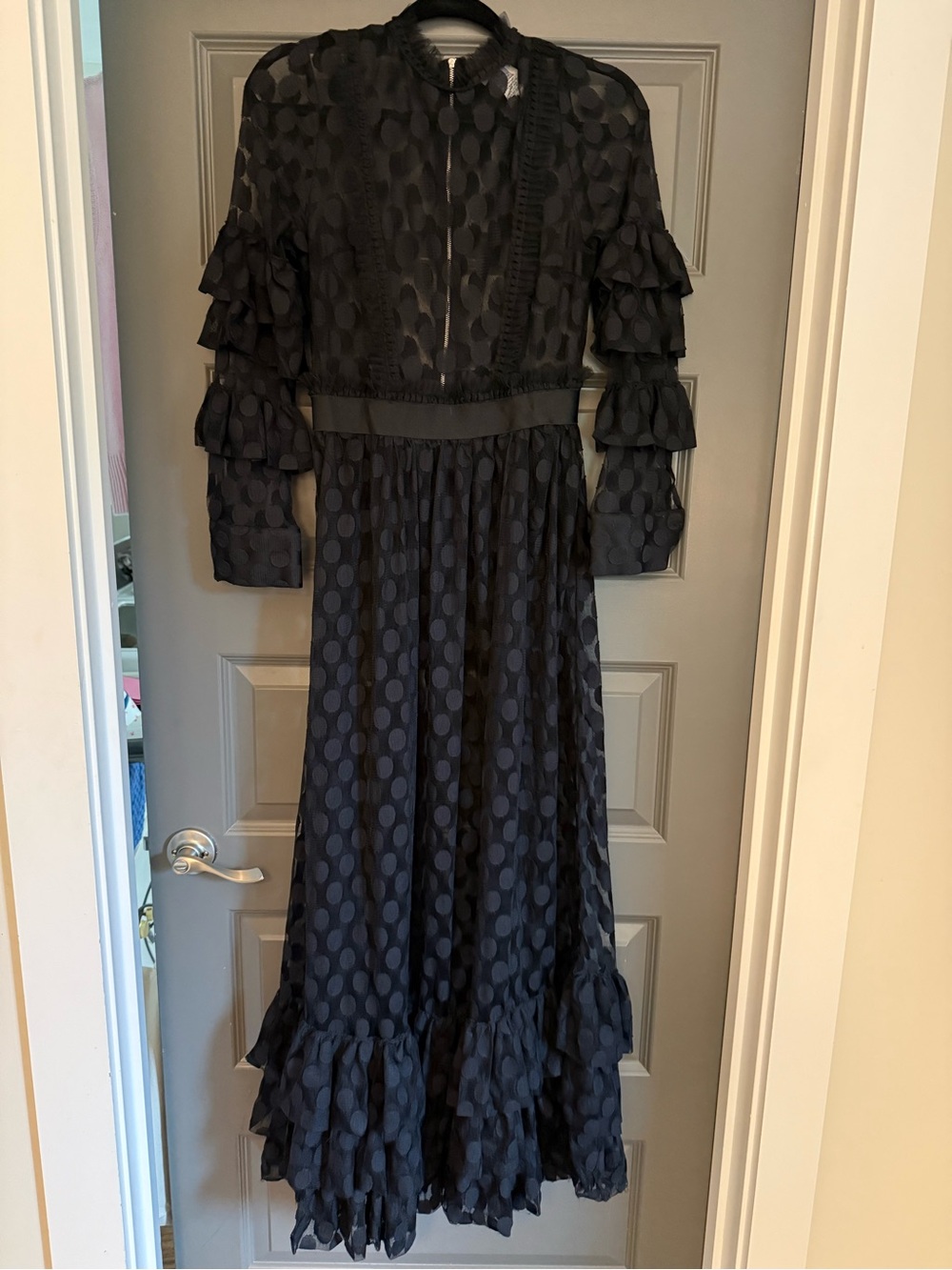 Eien black sheer polka dot maxi dress with ruffled long sleeves, size medium - Picture 4 of 7